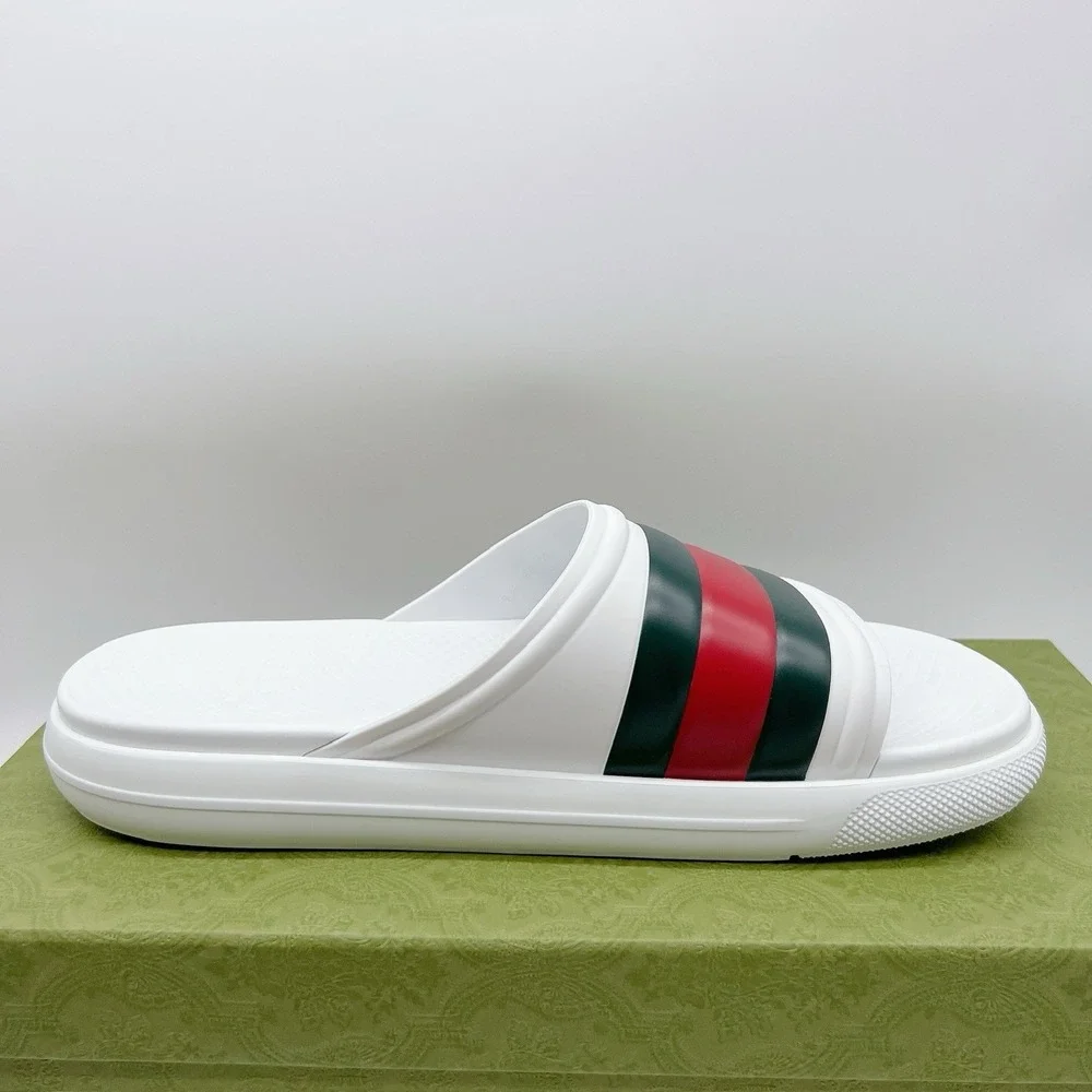 Gucci Men's Web ACE RUBBER Slide Sandals Pool White UK 13 US 13.5 NEW AUTHENTIC